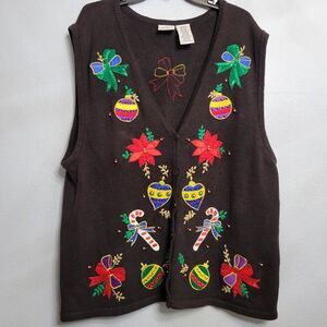 Vintage Bobbie Brookes Embellished Christmas Sweater Vest Sequins Beads 22/24